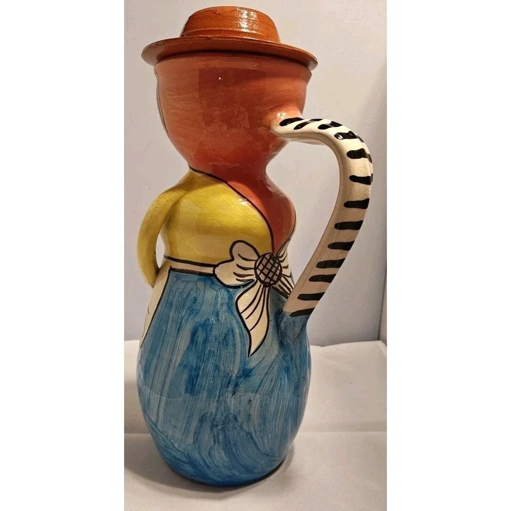 Vintage Portugal Folk Art Clay Woman‎ Pitcher with Hat Lid Hand Painted 12in